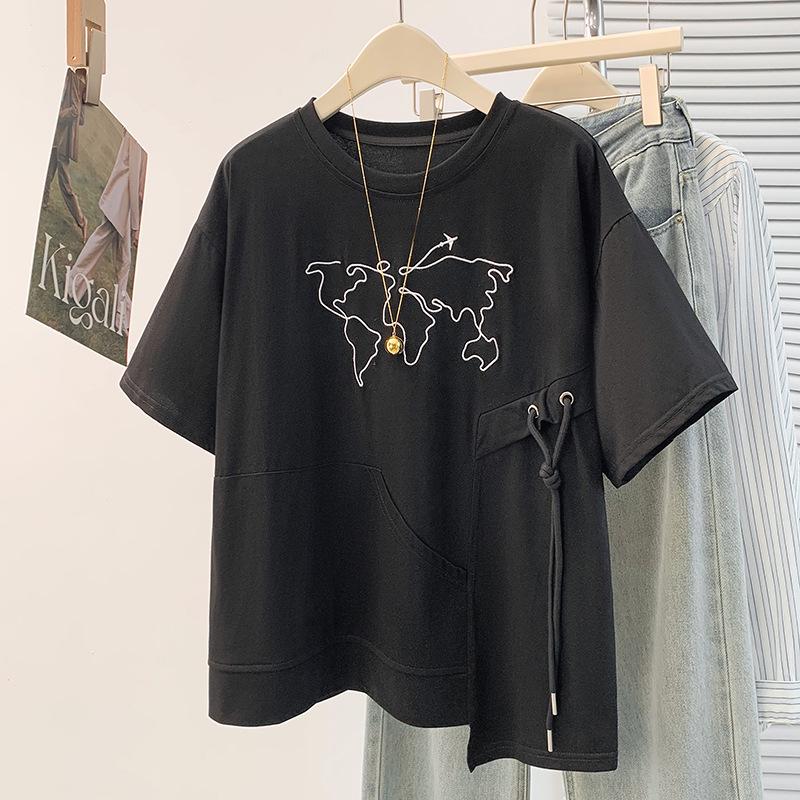 

Summer Korean Style Embroidered Casual Slimming Plus Size Short Sleeve T-shirt 2XL чорний