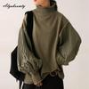 Korean Fashion Herbst Winter Frauen Stilvolle Pullover Rollkragen Schwarz Khaki Patchwork Beiläufige Lose Pullover Laterne Ärmel Damen Pullover