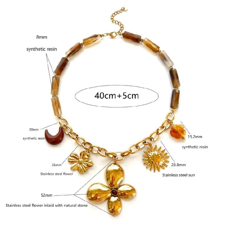 Fashionable Floral Sun Resin Beaded Necklace Retro Clavicle Chain Stainless Steel Neck Jewelry For Women