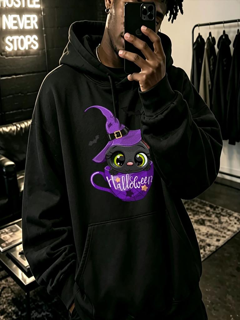 Casual Streetwear Style, Hoodie, Cute Black Cat In Purple Witch Hat with Halloween Text Design, Autumn Winter Season, Gift for Boy