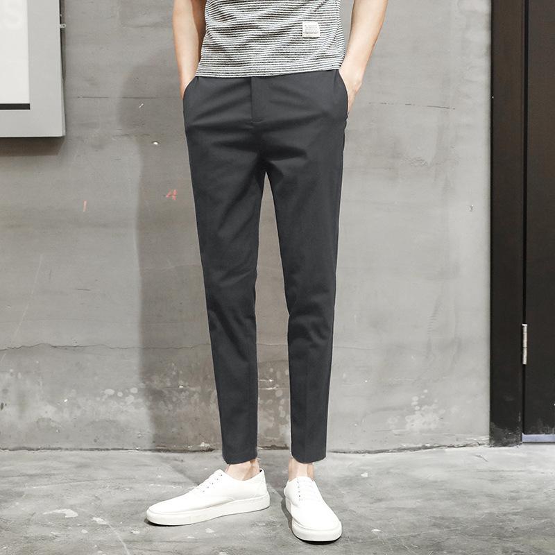 Men's Black Slim-Fit Nine-Point Casual Pants - Korean Style for Spring and Summer