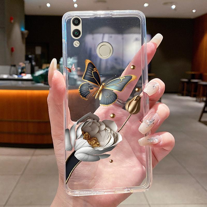 For Huawei Honor 8C Case BKK-LX2 BKK-LX1 BKK-L21 Back Cover Clear Luxury Butterfly Fashion Flowers Soft TPU Silicone Phone Case