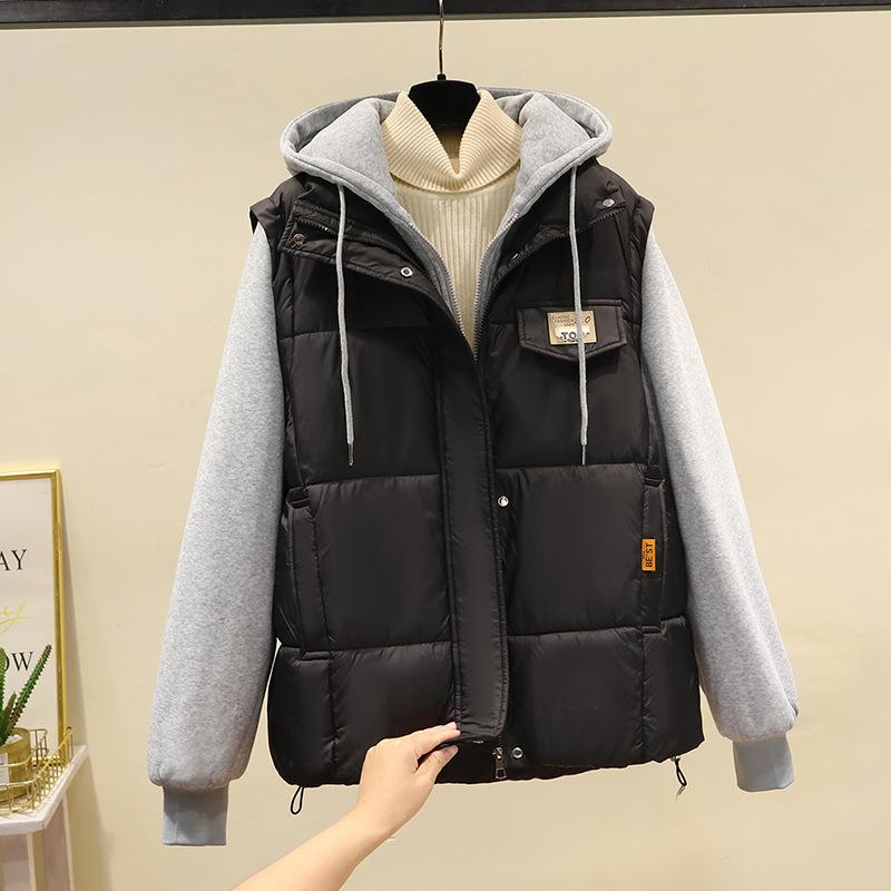 Splicing fake two-piece cotton jacket vest jacket women's autumn and winter new fashion hooded sweater jacket