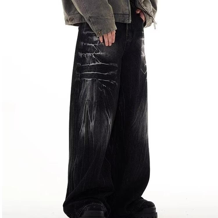 Old tie-dye wide-leg jeans men's American retro high street pendant feeling lazy wind mopping trousers