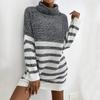 Casual Fashionable and Elegant Autumn Women's Not with Belt Loose Splicing Color Collision Turtleneck Sweater Dresses