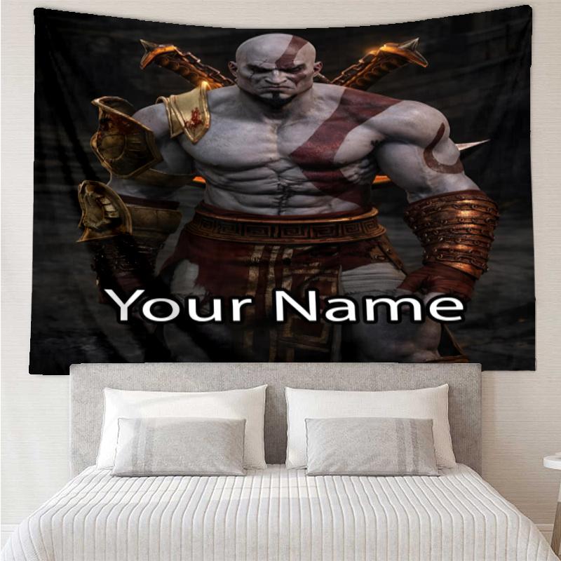 Custom Name God of War Print Tapestry, Backdrop, Easy Setup, Ideal for Bedroom, Office & Living Room, with Aesthetic Wall Hanging Decor.