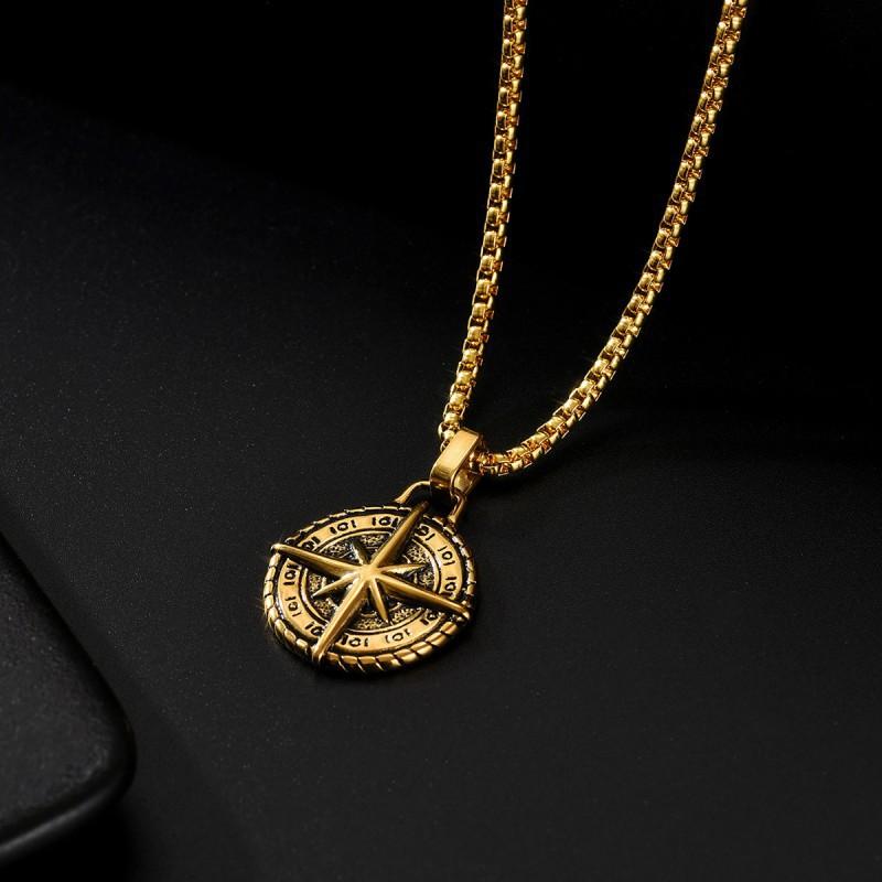 New Retro Compass Stainless Steel Chain Necklace Personalized Hip-hop Punk Style Long Fashion