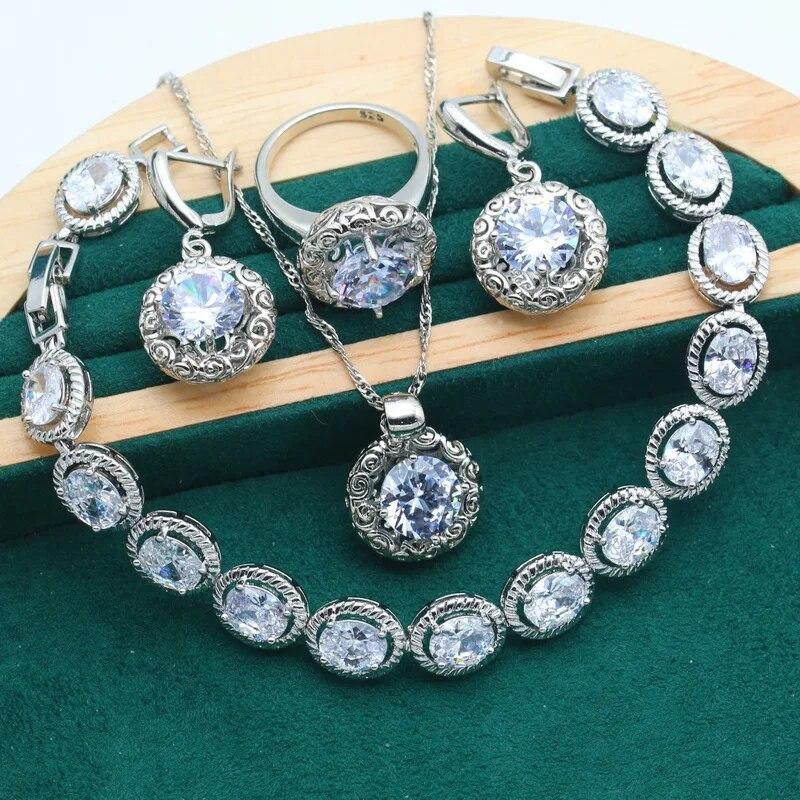 

Классические комплекты свадебных украшений из серебра 925 пробы для женщин, круглый белый циркон, браслет, серьги, ожерелье, кулон, кольцо, праздничный подарок