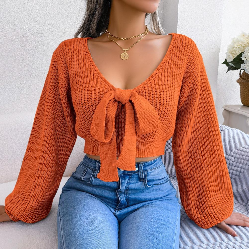Elegant Bow Tie Detail Cropped Women Sweater V-Neck Long Sleeve Knit Tops Autumn Winter Casual Tops Female Sweet Fashion Clothing
