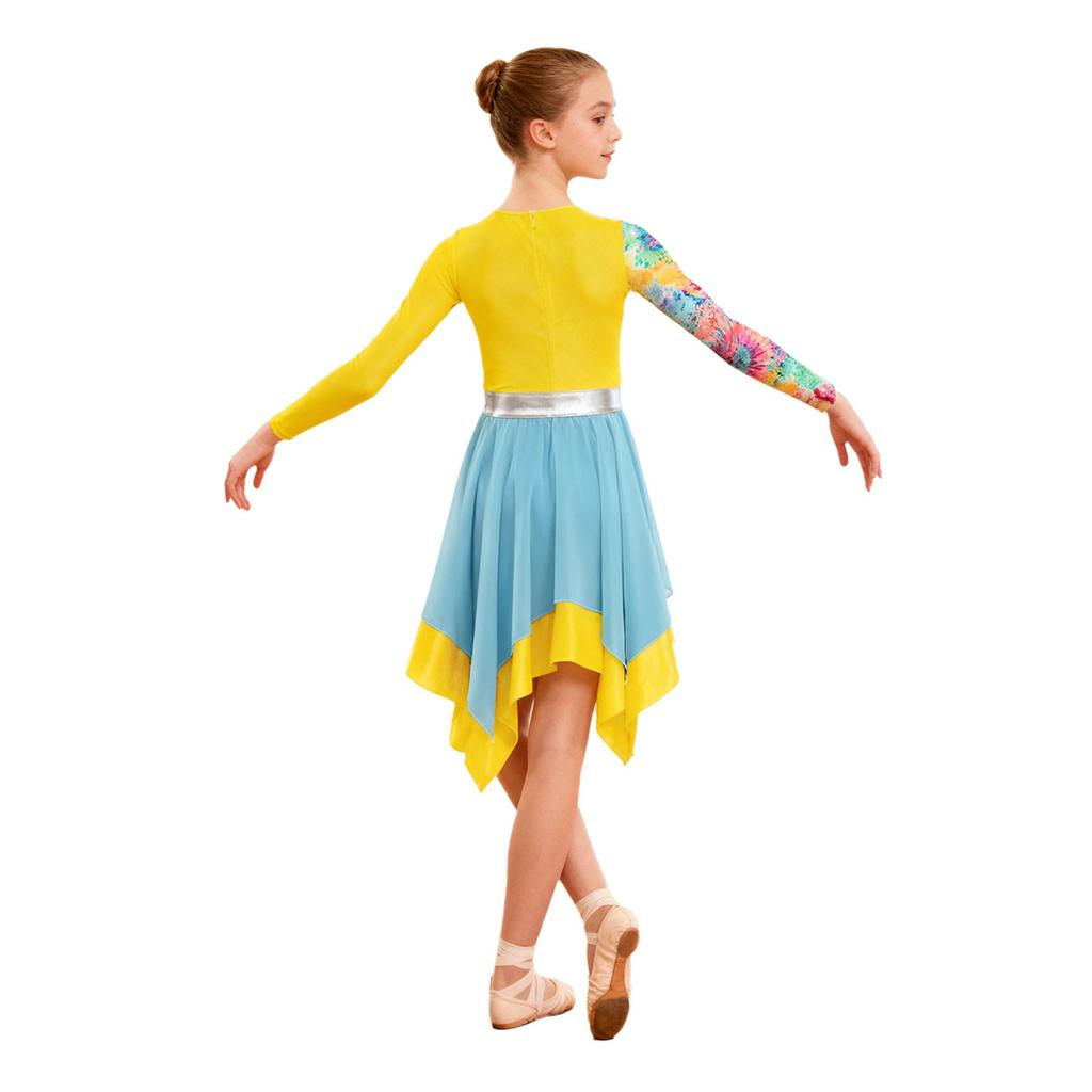 Girls Worship Dance Dress Long Sleeve Color Block Patchwork Irregular Hem Elegant Stage Performance Gown