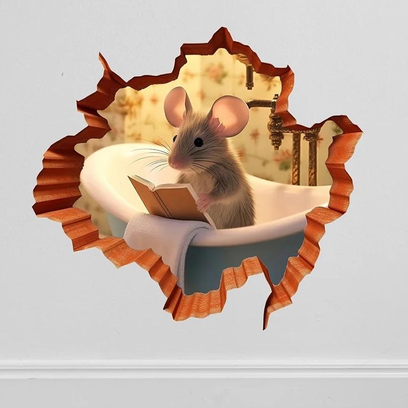M735 Cute Mouse Hole Wall Sticker , Mouse Reading Book In Wall Hole Decal, Mouse Hole Sticker, Mouse Reading Decor