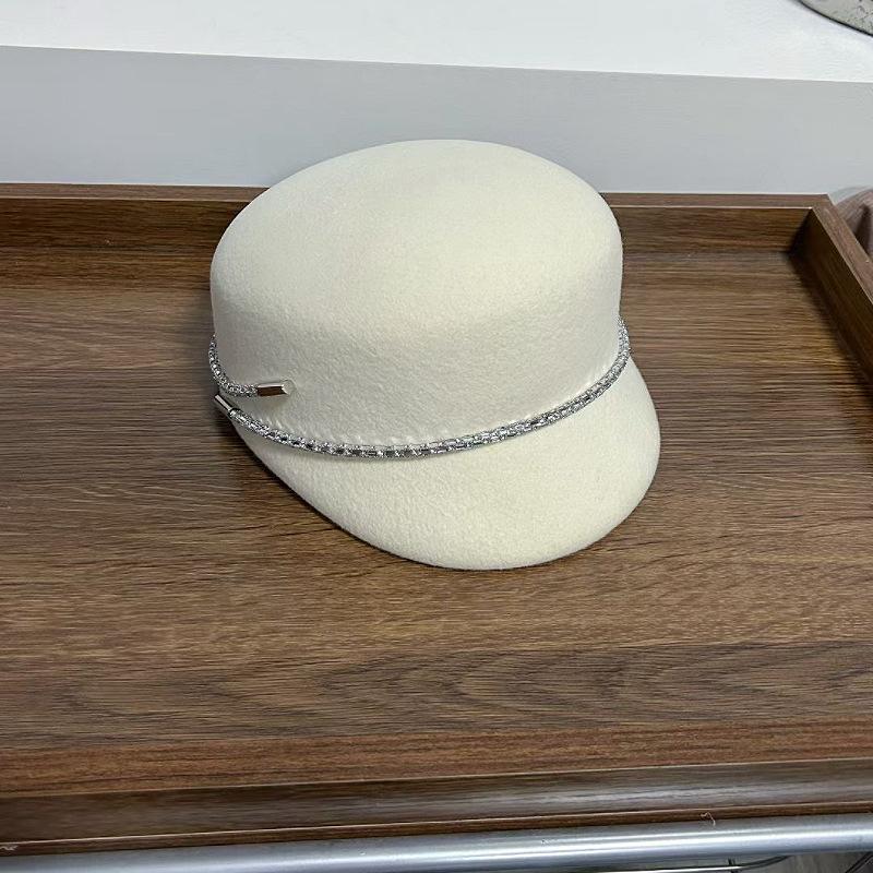 Peaked Cap Women's Autumn and Winter Wool Top Hat Retro Elegant Temperament Rhinestone Beret British Woolen Equestrian Hat