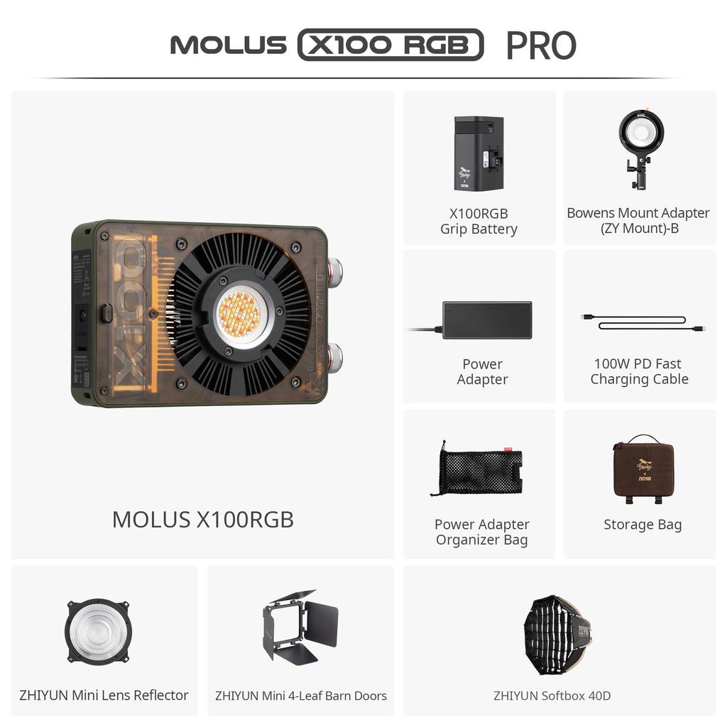 ZHIYUN MOLUS X100 RGB PRO Flagship 100W Video V2 Upgraded Professional Photography Portable Continuous Output Weighs Just Ideal for YouTubers and TV