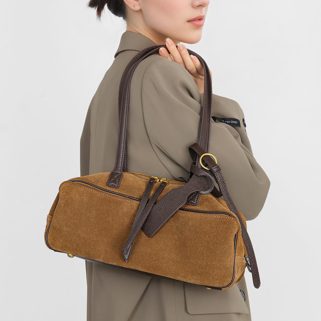 2025 Genuine Coow Leather Suede Bowling Bag Minimalist Luxury Boston Bag Women's Versatile Commuter Top-Handle Shoulder Bag