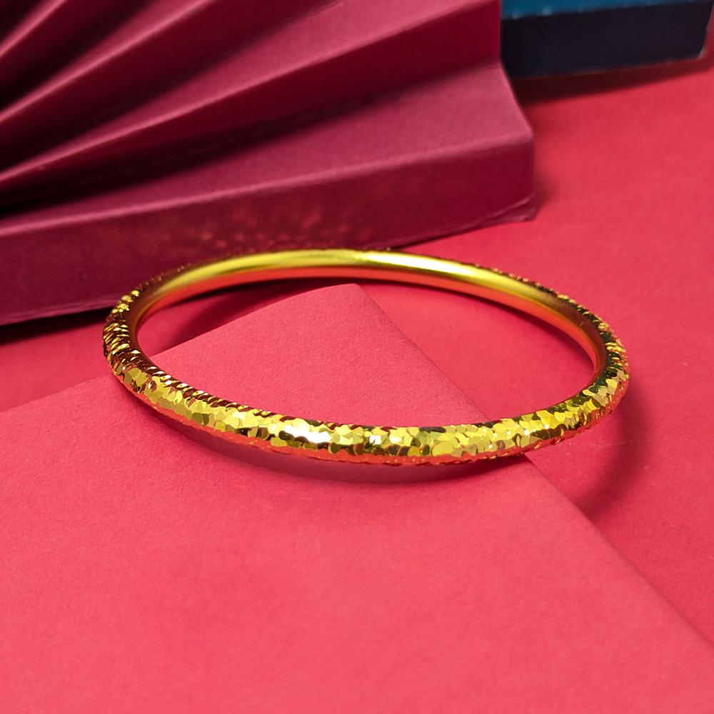 Gold Plated Women's Flash Crushed Ice Bracelet: Ancient Style, Sand Finish, Round Bar, Star Accents, Thickened Bangle