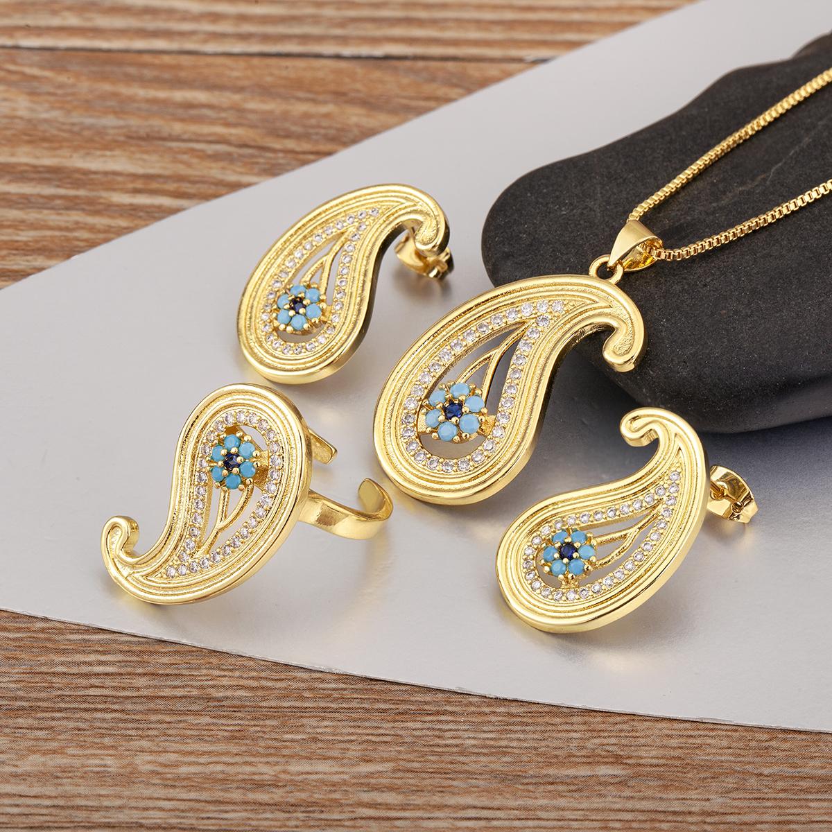 

Nidin New Trendy Evil Eye Jewelry Sets Pendant Necklace Earrings Ring Adjustable For Women Copper Inlaid Zircon Accessories Gift GOLD&resizable&45cm