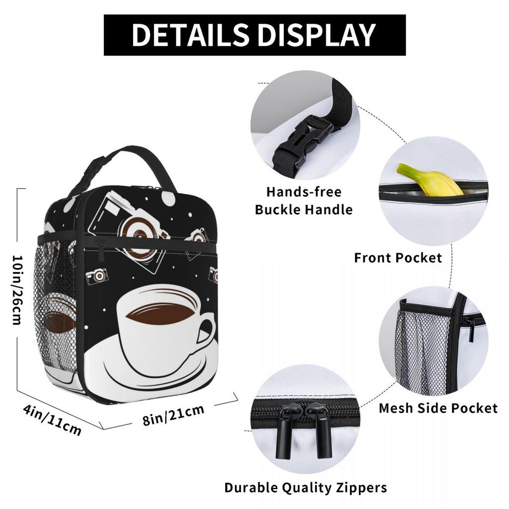 Camera And Coffee Pattern Insulated Lunch Bag for Women Children Leakproof Food Boxes Thermal Lunch Box Tote