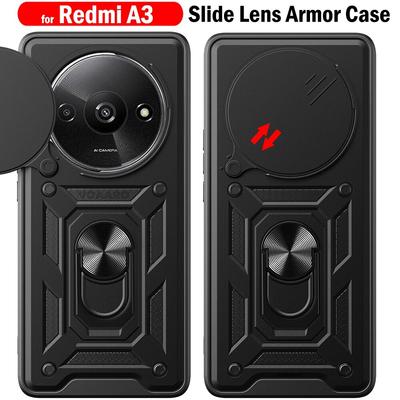 Slide Lens Ochranné pouzdro na fotoaparát pro Redmi A3 4G 2024 Pouzdra Magnetický kroužek Držák stojánku Pevný kryt pro Xiaomi Redmi A3 A 3 Armor Shockproof Shell