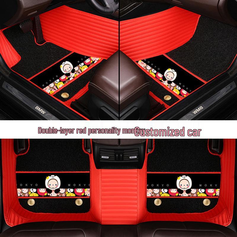 Custom Leather Car Floor Mats for Women - Cartoon Design, Double-Layer, Full Coverage