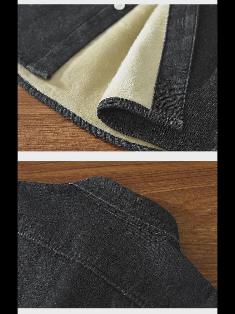 1355 Men's Plush Thick Warm Long-Sleeved Japanese Style Denim Coat Shirt
