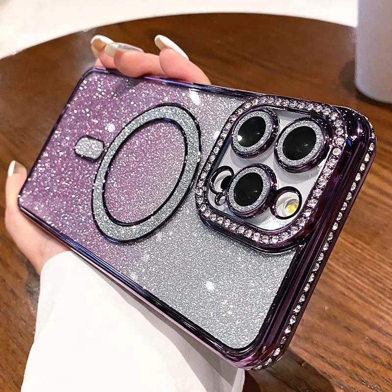 

Luxury Glitter Magsafe Phone Case For iPhone 17 Air 16 15 14 13 12 11 Pro Max Plus Transparent Magnetic Bumper Diamond Cover iPhone 13 Pro фиолетовый
