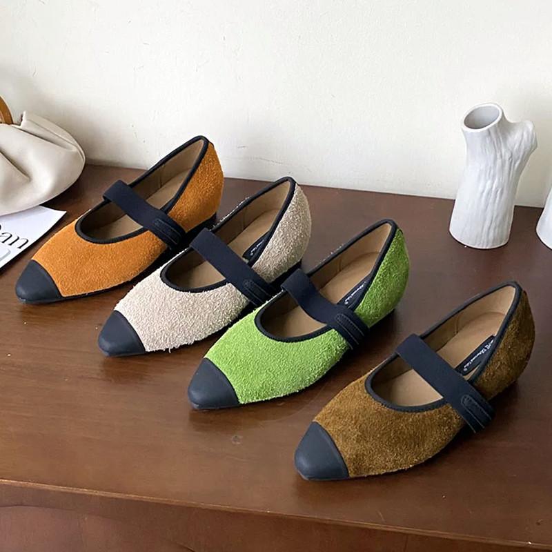 Fashion Cute Mixed Color Fauxe Suede Mary Jane Shoes Women Internal Height Increase Design Flats Elastic Strap Ballet Shoes for Women