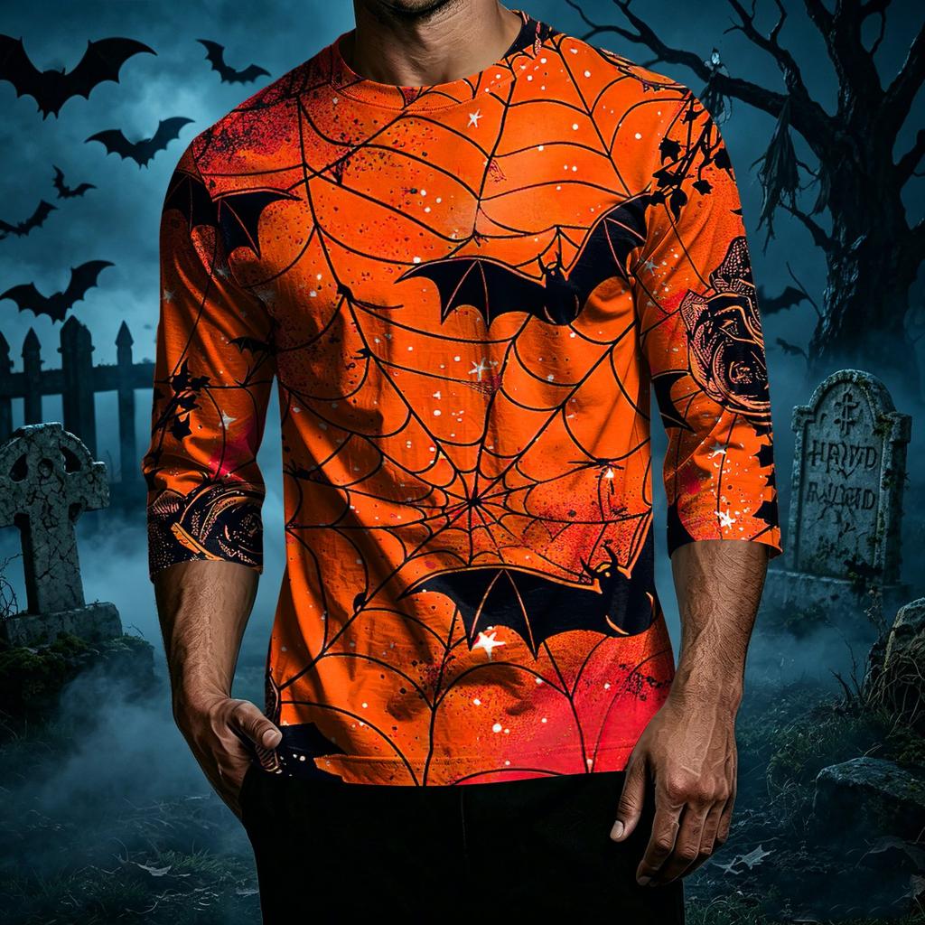 Men's Casual Halloween Print Crew Neck T Shirt Three Quarter Sleeve Top Lightweight Comfortable Fit Stylish Design