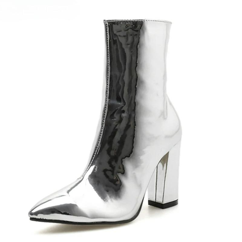 

2025 Spring Fashion Silver Patent Leather Women Ankle Boots Pointed Toe Square High Heels Shoes Chelsea Botas De Mujer 35