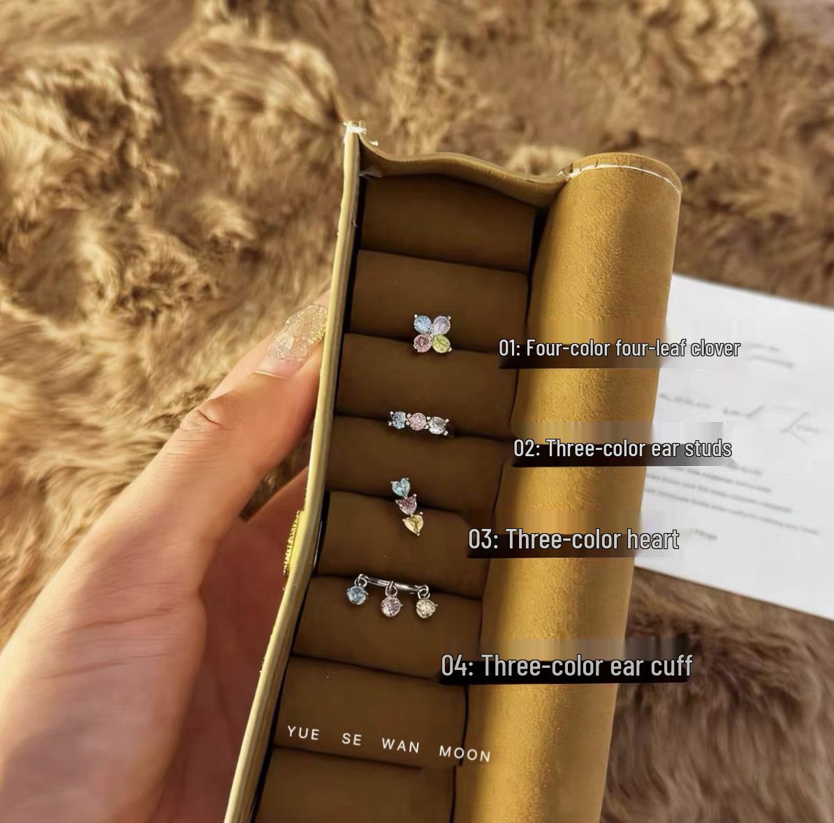 Colorful Four-Leaf Clover Cubic Zirconia Tassel Ear Cuff & Cartilage Stud Earrings Tricolor Ear Cuff Single