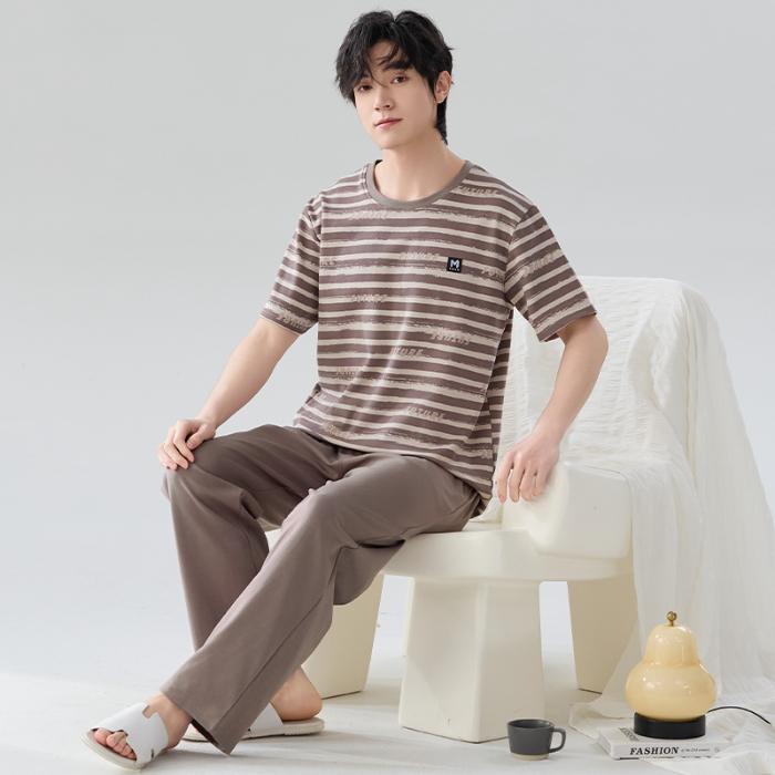 2025 Spring Summer Pure Cotton Solid Leisure Men's Pajamas Set Elastic Waist Boys Sleepwear Short Sleeve Tops and Long Pants Soft Pijama Home Wear