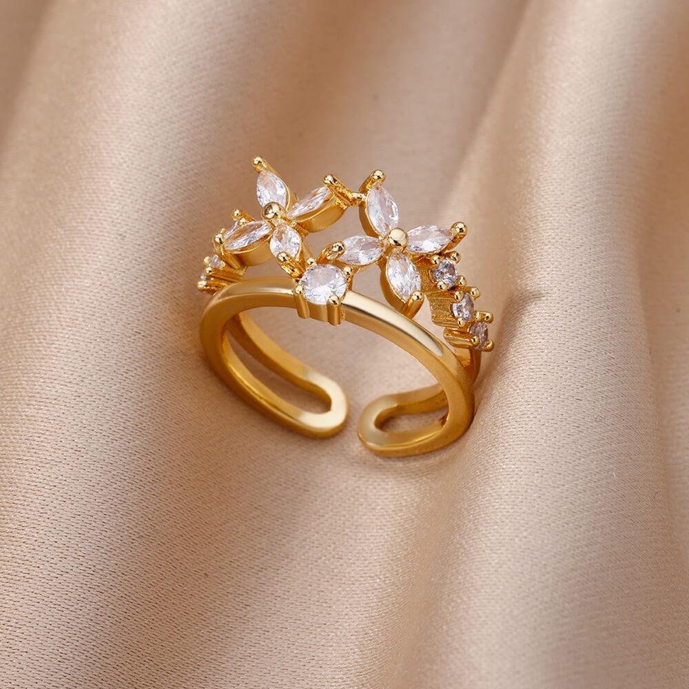 White Zircon Flower Leaf Shape Stainless Steel Rings For Women Adjustable Aesthetic Wedding Ring Light Luxury Female Jewelry BFF