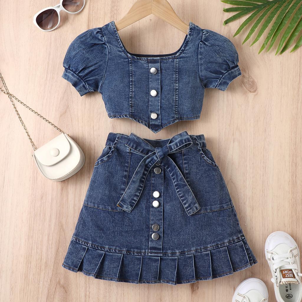 Girls' Fashion Set, Summer Children's Casual Square Neck Lantern Sleeve Top, Patterned Pleated Skirt Set