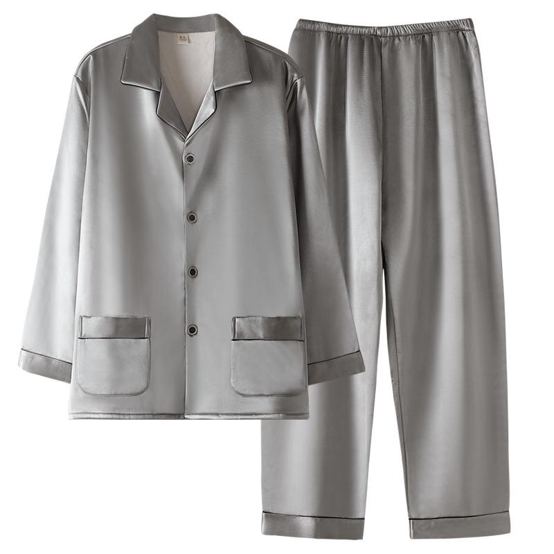 Men's Luxury Fleece-Lined Ice Silk Pajamas: Long Sleeve Satin Set for Fall/Winter, Wear Indoors or Outdoors