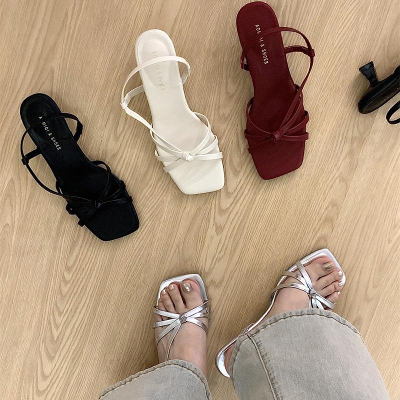 Retro temperament versatile square head crossed open-toed sandals women's summer wear high heels with skirt stiletto Roman shoes