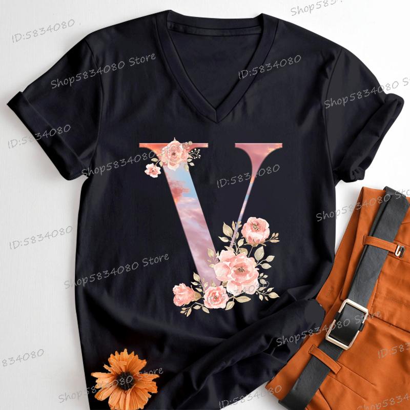 Womens Clothing Pink Flower Alphabet Classic Top Sky Alphabet Cartoon Tshirt FeUnisex Floral Letters A B C D Birthday Gift Shirt