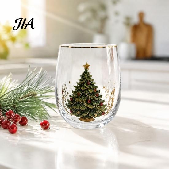 Decoración del Hogar Cristalería Vasos para Cócteles Navideños, Vaso con Diseño de Papá Noel Muñeco de Nieve Reno Árbol, 300ml Sin Plomo Cristalería para Mesa Festiva