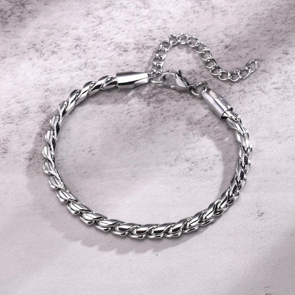 Men Snake Link Chain Bracelets, Black Silver Color Twisted Stainless Steel Glossy Chain Bracelet, Comfort Wear Jewelry