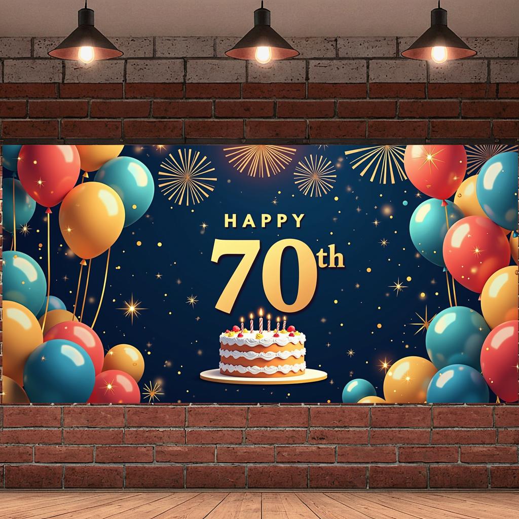 Happy 70th Birthday Banner Backdrop Black gold Birthday Party Decorations Photography Props Sparkle Balloon Background