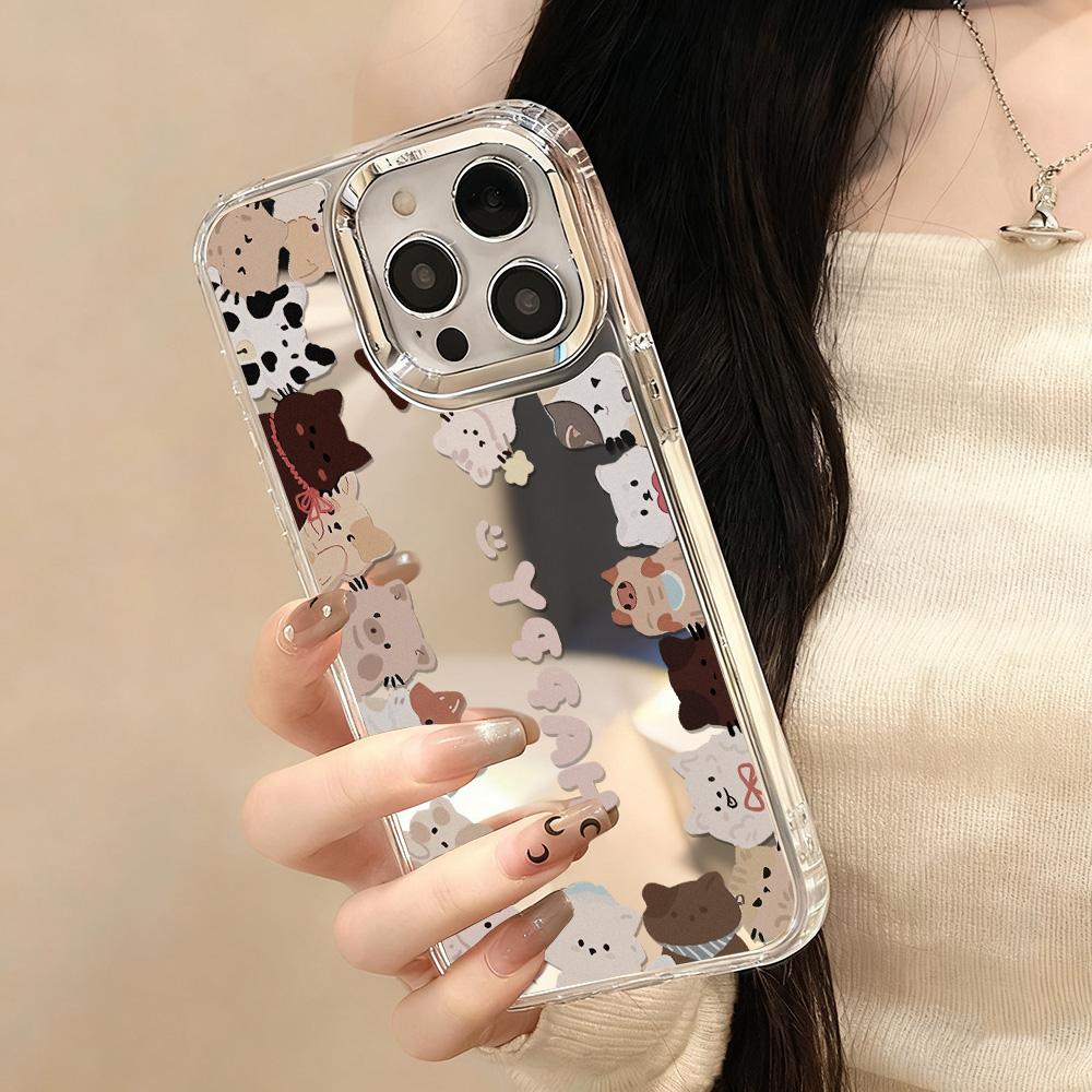 Trendy Cartoon Makeup Mirror Phone Case For IPhone 17 16 15 14 13 12 11 Pro Max 16E 17E Plus Bumper Shockproof Hard Cover Cases