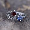 Bague Fleur Feuille Zircon Rouge et Bleu Élégante pour Femmes