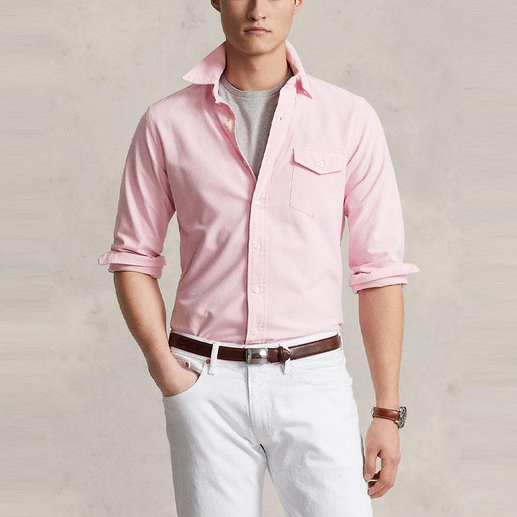 Polo Ralph Lauren Solid Color Long Sleeve Button Down Shirt With Chest Pocket Unisex Shirts Pink MNPOWOV16822179-650