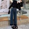 High-Waisted Retro Stitching Jeans for Women - 2023 Autumn/Winter Pear-Shaped Fit, Loose Slim Straight Leg Design