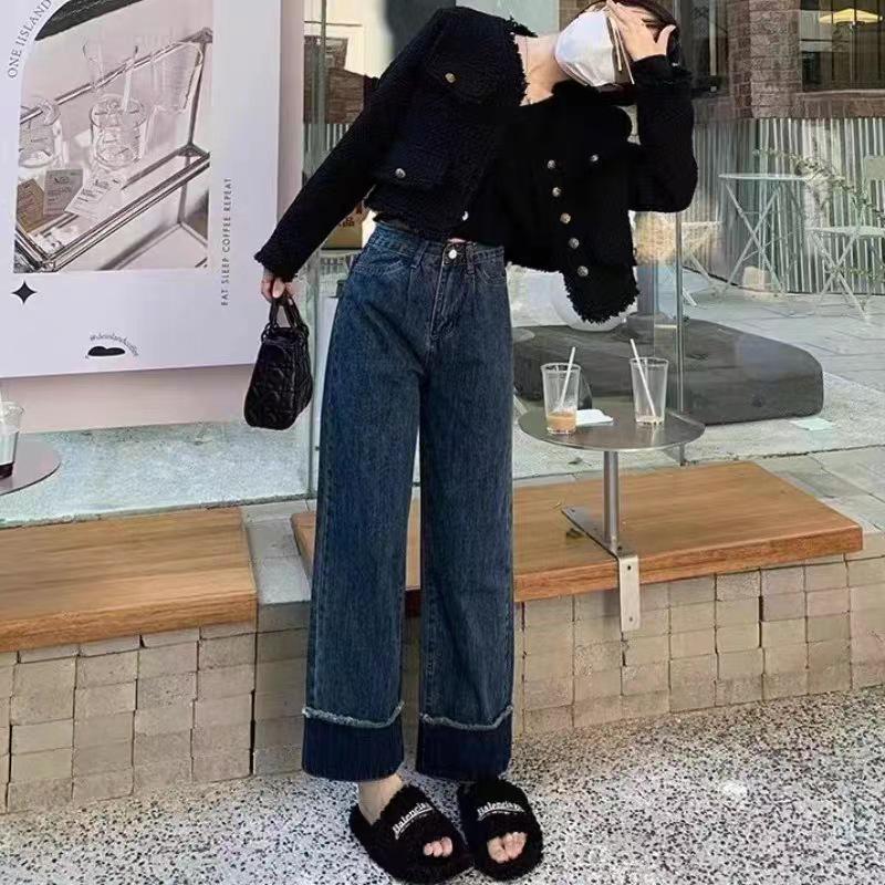 High-Waisted Retro Stitching Jeans for Women - 2023 Autumn/Winter Pear-Shaped Fit, Loose Slim Straight Leg Design