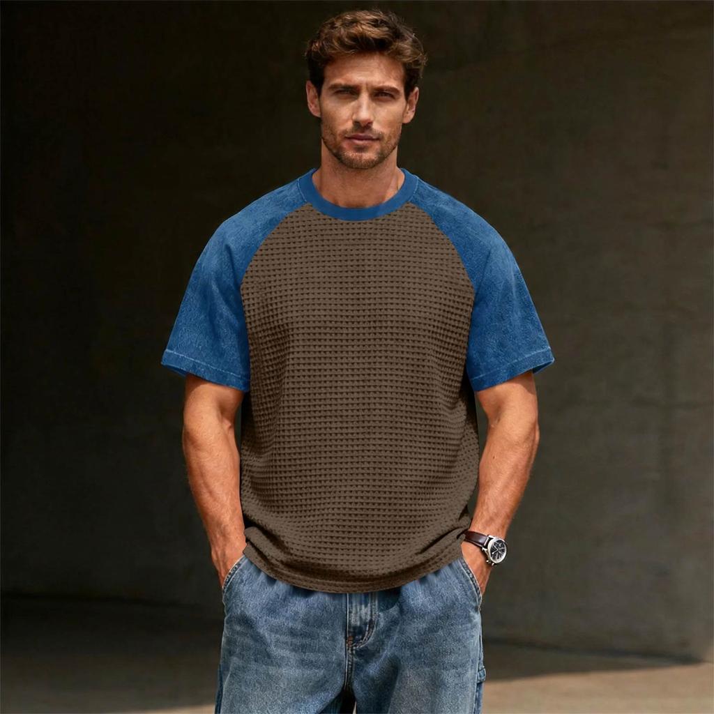 Men's Casual Lightweight Waffle Knit Raglan Short Sleeve Crew Neck Shirt Loose Fit Big Size Top for Everyday Wear