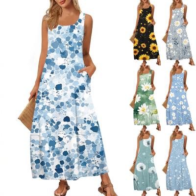 Women's Casual Floor-length Sundress Summer Beach Dress Round Neck Sleeveless Loose  Print Sundress