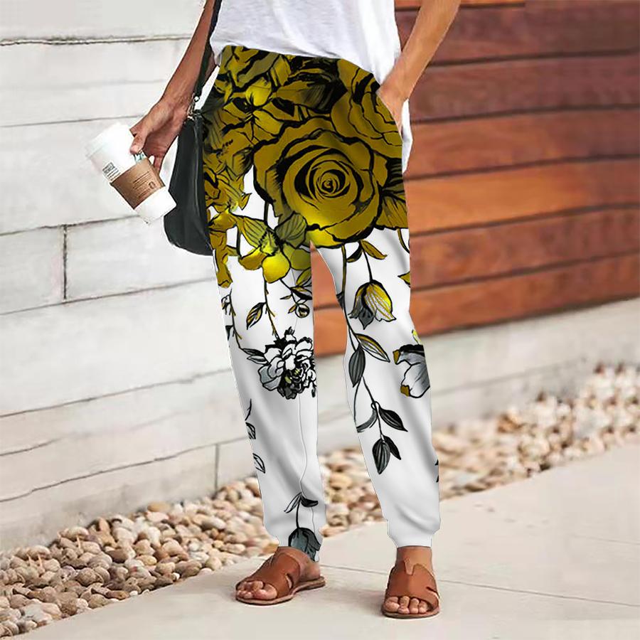 

Женские брюки с цветочным принтом на шнуровке, с эластичной талией, свободные брюки, повседневные длинные брюки, брюки с карманами 8XL жёлтый
