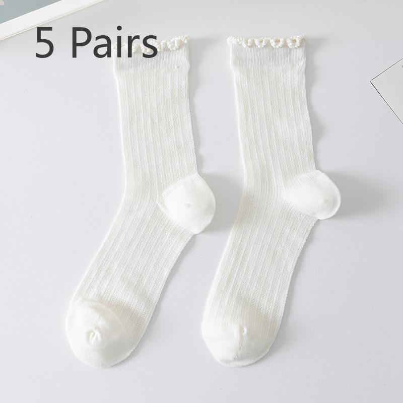 5 par sommer tynne dame sokker med treørekant, midt på leggen, pustende mesh, nuppefrie bomullssokker, stablede Lolita-sokker