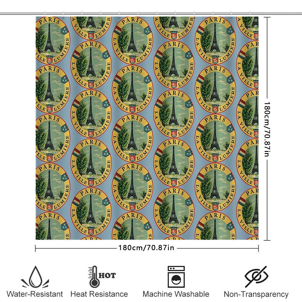 Floral Shower Curtain Vintage Paris Eiffel Tower Botanical Washable Fabric Bathroom Decor