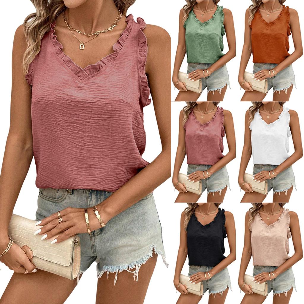 Women's Fashion Solid Color V Neck Ruffled Sweet Sleeveless Vest Top