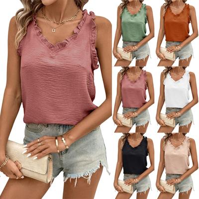 Women's Fashion Solid Color V Neck Ruffled Sweet Sleeveless Vest Top